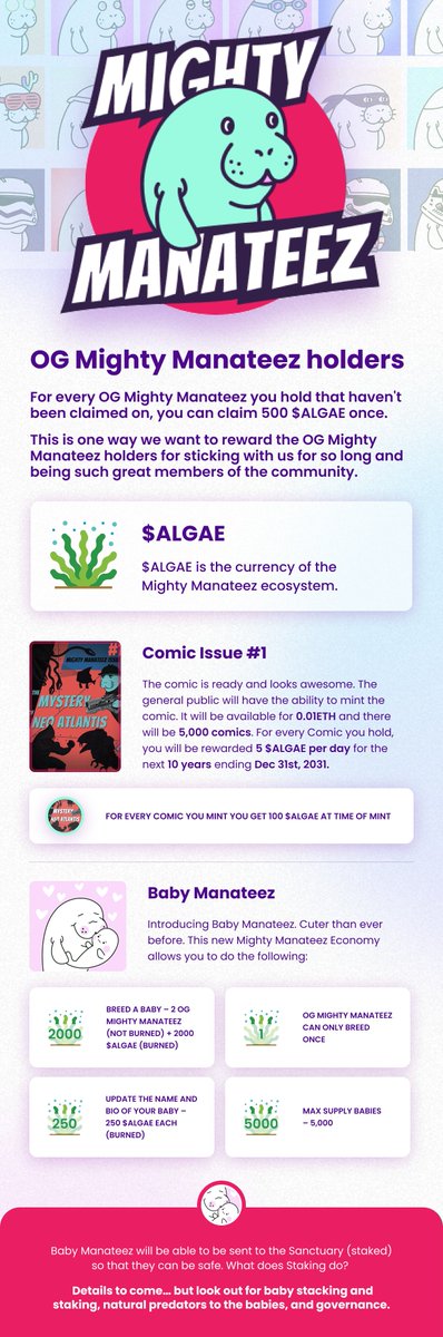 MightyManateez's tweet photo. Mighty Manateez #Comic drop is live!!

https://t.co/Dpf21rzyqx

Each Comic is 0.01ETH and each comic gives you:

- 5 $ALGAE per day for the next 10 years
- 100 $ALGAE on mint of Comic

$ALGAE runs the Mighty Manateez Ecosystem (Babies, Adventures, Staking, P2E, and more!) https://t.co/ZXB5uexjxT