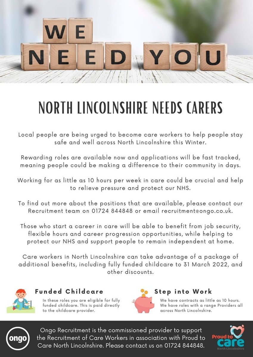 OngoRecruitment's tweet photo. We urgently require CARE WORKERS in North Lincolnshire. We are working with a range of Care Providers in North Lincolnshire therefore can offer flexibility. If you are looking for a highly rewarding role, please contact us on 01724 844848 or email recruitment@ongo.co.uk. https://t.co/FlYXTUh3Hd
