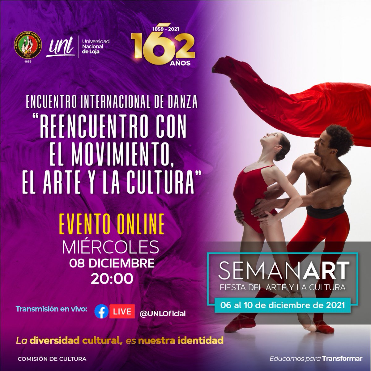 UNLoficial's tweet photo. ♦️ Cumplimos 162 años de vida institucional y seguimos TRANSFORMANDO 🤩
📌 Te invitamos a participar de #SEMANART✍🏻
🔜 Participa del Encuentro Cultural de Danza: “Reencuentro con el Movimiento el Arte y la Cultura” ✍🏻🎭
📆 Miércoles 8 de diciembre de 2021
🕖 20:00
🔴 FacebookLive https://t.co/UXSphx585Y