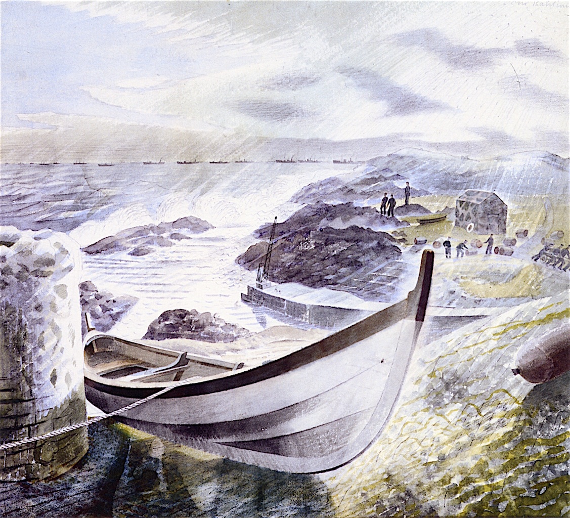 Ravilious1942's tweet photo. Storm, Eric Ravilious, 1941. This was painted on the Isle of May, in #Scotland, near the Firth of Forth. In the background is a naval convoy. The original artwork is in the collection of @BritishCouncil. https://t.co/CNq8t5WSRi