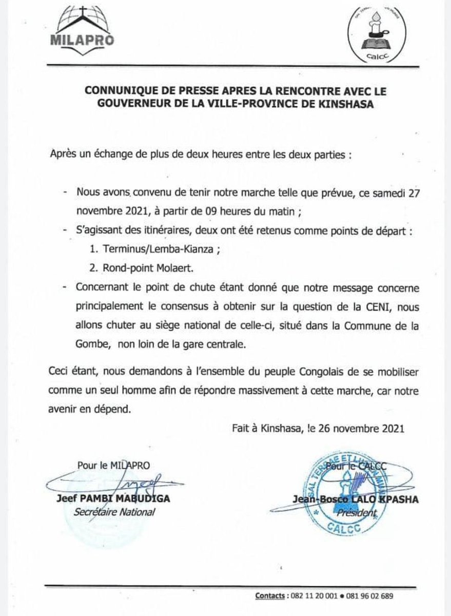 pascal_mulegwa's tweet photo. #RDC🇨🇩 - #CALCC et #MILAPRO pas d’accord avec le gouverneur de Kinshasa sur les itinéraires de la marche. Les deux mouvements catholique et protestant maintiennent le siège de la #CENI comme point de chute de la marche de ce samedi. https://t.co/fb3zFOZPTP