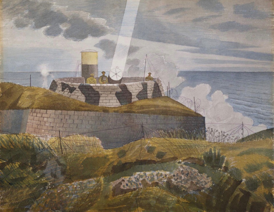 Ravilious1942's tweet photo. Searchlight at Dusk, Eric Ravilious, 1941. It depicts Newhaven Fort in East #Sussex in the early years of #WW2. The original artwork is in the collection of @BM_AG. https://t.co/yt7PEJmVCm