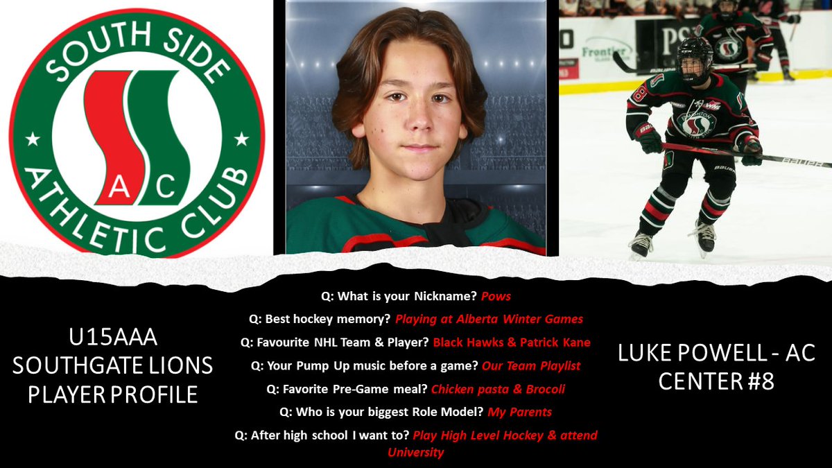 SSAC_U15AAA's tweet photo. 🚨Player Profile Alert🚨Introducing our U15AAA Southgate Lions Forwards. Next up is our Assistant Captain &amp; 2nd Year U15AAA #AEHL Player, Center #8 Luke "Pows" Powell 🏒🥅
@SSACHockey #Southgatelions #SSACFamily #GoLions 🦁 https://t.co/Q2KyPLfrjG