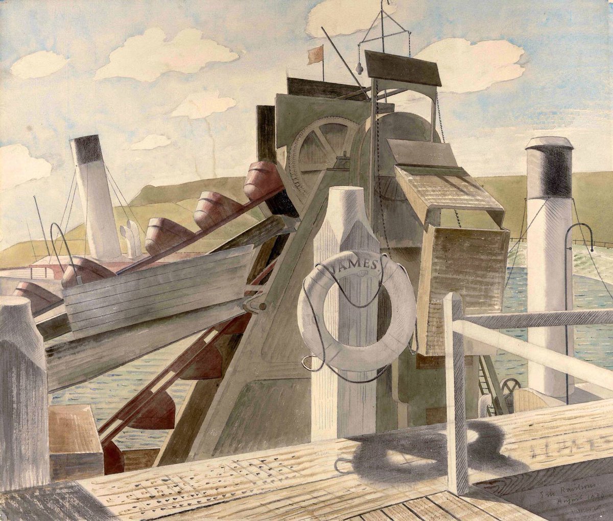 Ravilious1942's tweet photo. The James and the Foremost Prince, Eric Ravilious, 1934. This depicts a tug and dredgers at Newhaven harbour in East #Sussex. The original artwork is in the collection of @TownerGallery. https://t.co/DFSVuqstsW
