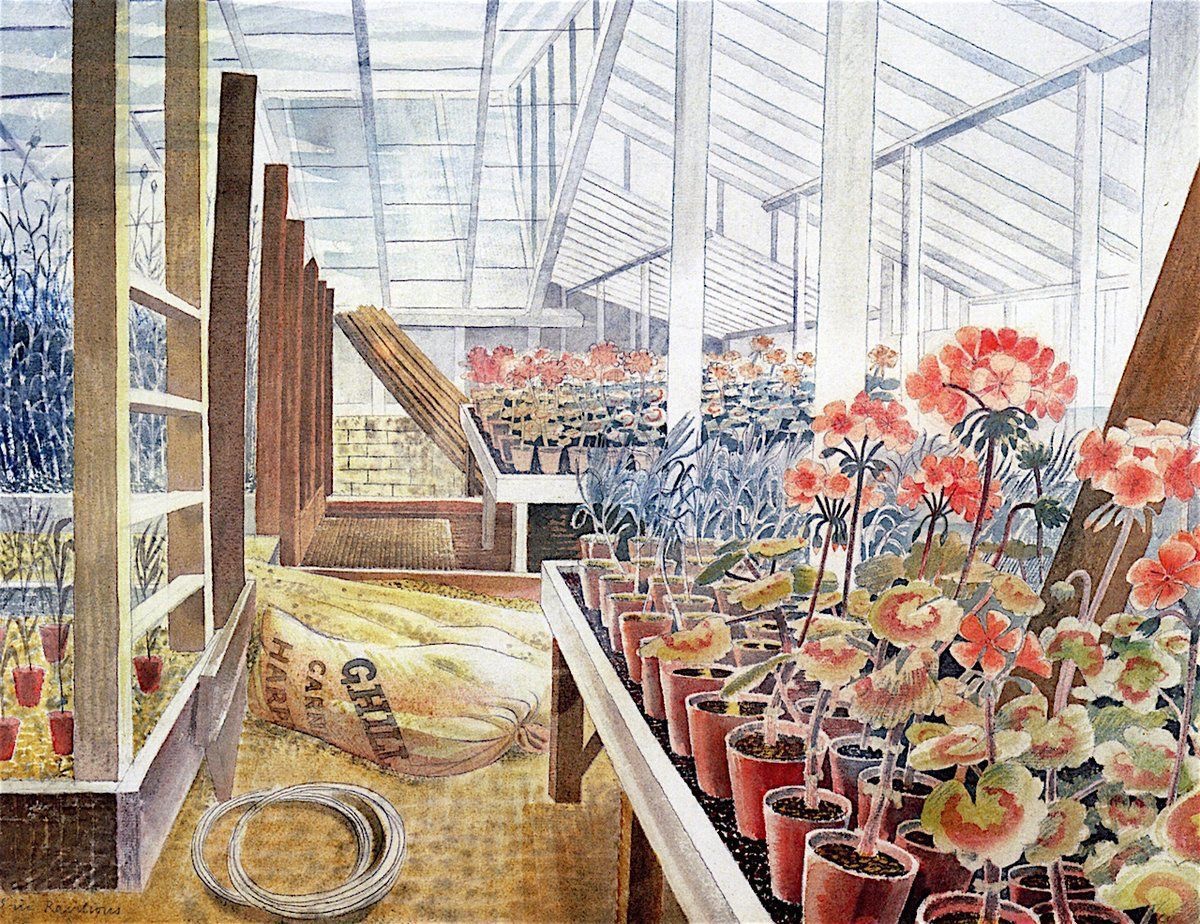 Ravilious1942's tweet photo. Geraniums and Carnations, Eric Ravilious, 1938. It was painted at Wittersham, in #Kent. The original artwork is in the collection of @FryArtGallery. https://t.co/cWtxKJI8u2