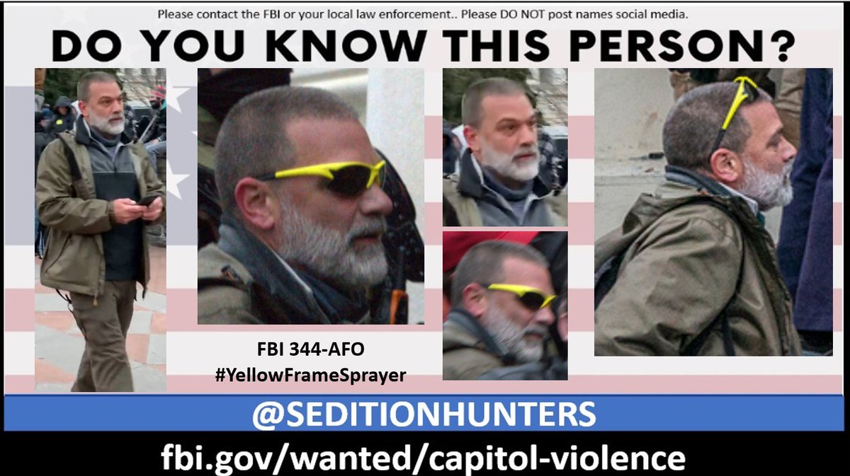 Please share across all platforms. Do you Know this person?? Please contact the FBI with 344-AFO tips.fbi.gov or contact us at admin@seditionhunters.org Please do not post names on social media #YellowFrameSprayer #CapitolRiots #SeditionSprayers