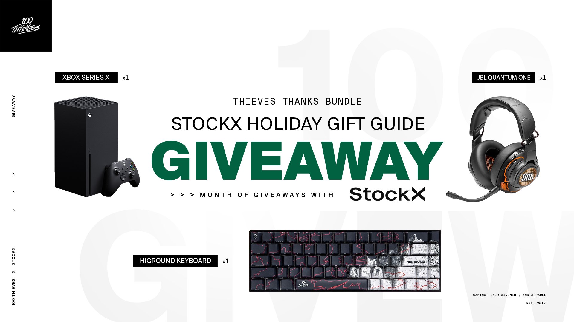 100 Thieves on X We re getting the gift giving season started with our friends at stockx We have an Xbox Series X a Higround Geostone Keyboard and a JBL Quantum ONE headset