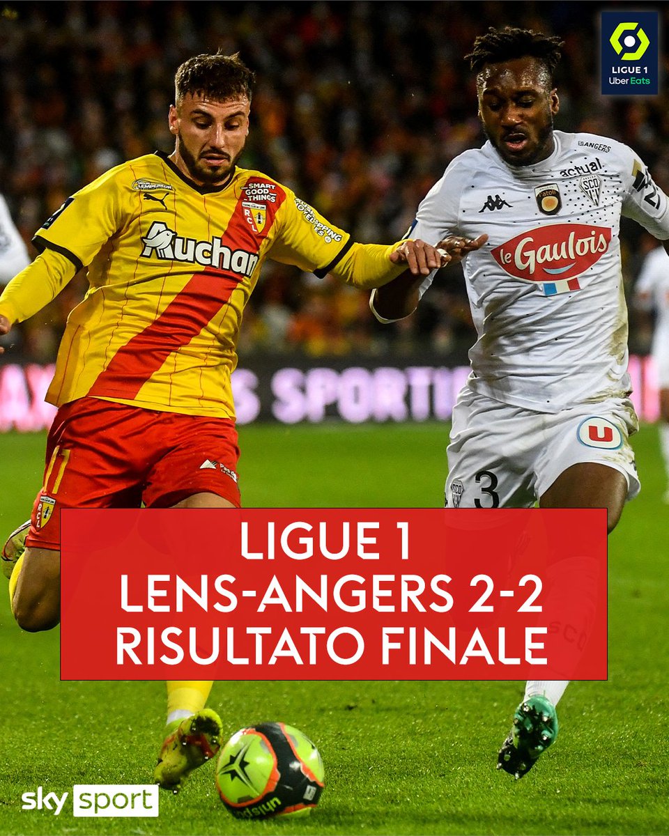 SkySport's tweet photo. LENS-ANGERS 2-2
Risultato finale
➖
⚽ #Boufal (40')
⚽ #Kakuta (48')
⚽ #Sotoca (55')
⚽ #Thomas (70')
➖
🇫🇷 LIGUE 1 - 15^ GIORNATA
➖
#SkyLigue1 #Ligue1 #SkySport #LensAngers #Lens #Angers https://t.co/uYEUt1OwwY