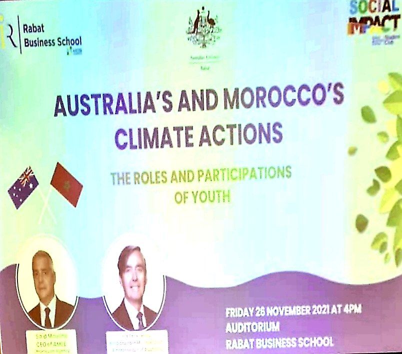 AMEEOFFICIEL's tweet photo. #SaïdMouline joined HE Ambassador #MichaelCutts at #Rabat_Business_School_UIR today to discuss the roles played by today's youth in #Morocco's and #Australia's #climate_actions.
@RBS_UIR https://t.co/pZ5kb38wng