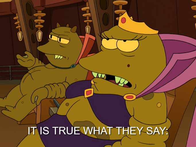 Big brownish-green aliens watching TV, one male (Lrrr), one female (Ndnd). Female is rolling her eyes and speaking. Subtitle: IT IS TRUE WHAT THEY SAY