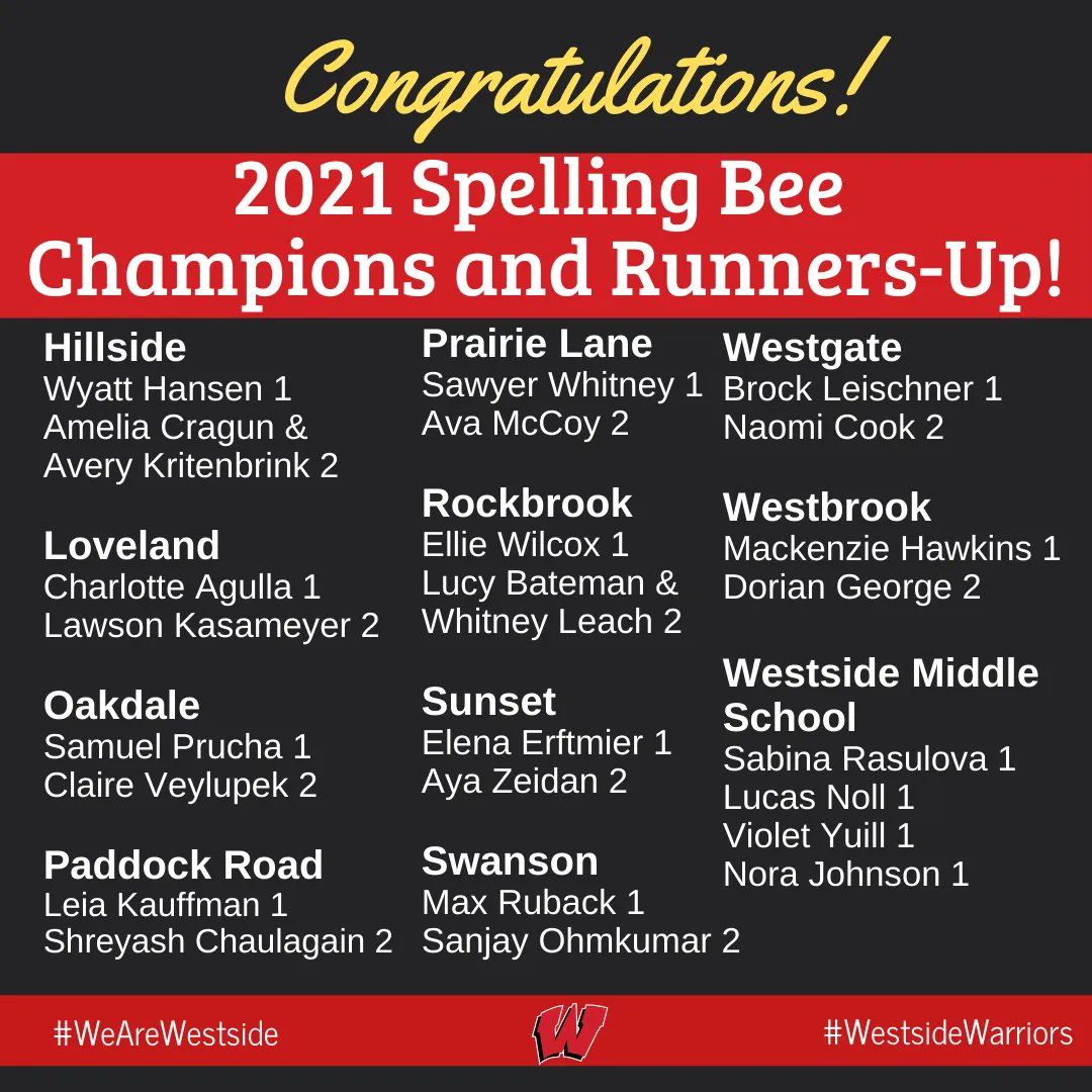 Westside66's tweet photo. Congratulations to all the Westside Community Schools elementary and middle school students who competed in last week’s spelling contest!
Here are the winners and runners-up by school!
#WeAreWestside #WeCanSpell https://t.co/Q5Uieoqf7L