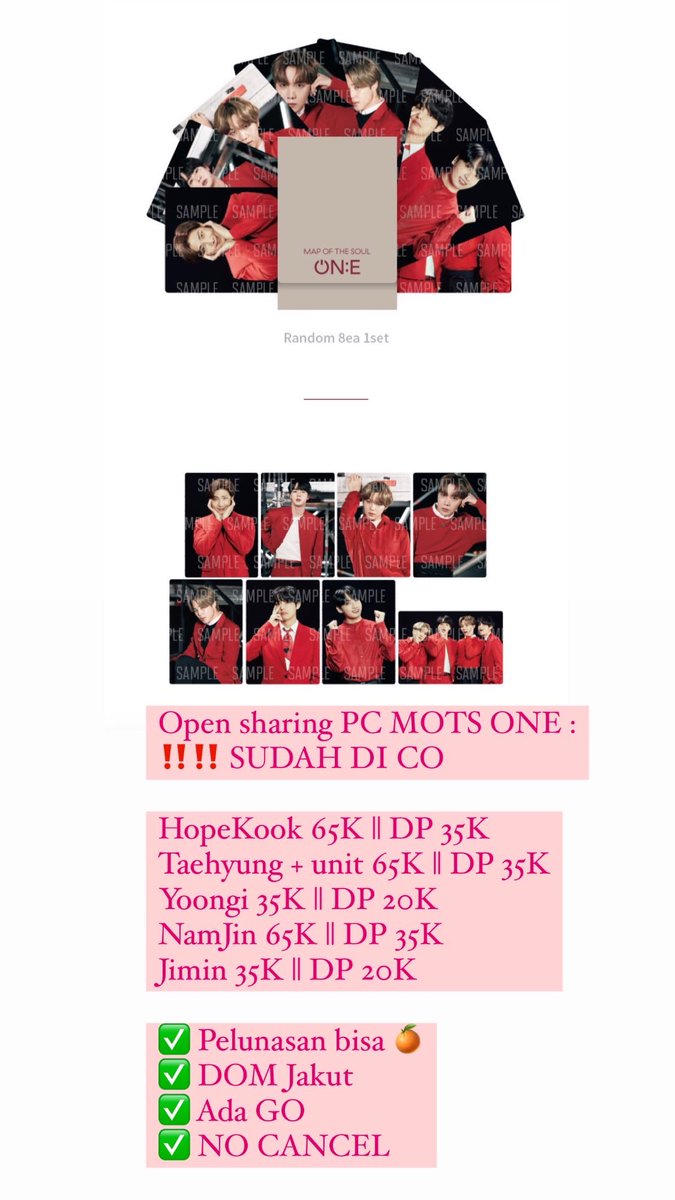 else_lukas's tweet photo. Open sharing PC MOTS ONE :
‼️‼️ SUDAH DI CO

Taehyung + unit 65K || DP 35K
Yoongi 35K || DP 20K
NamJin 65K || DP 35K
Jimin 35K || DP 20K

#bts #BTSARMY #MapOfTheSoulTour #sharingpc #photocardbts #jastip #jastipkorea https://t.co/CGSCUQRjsm