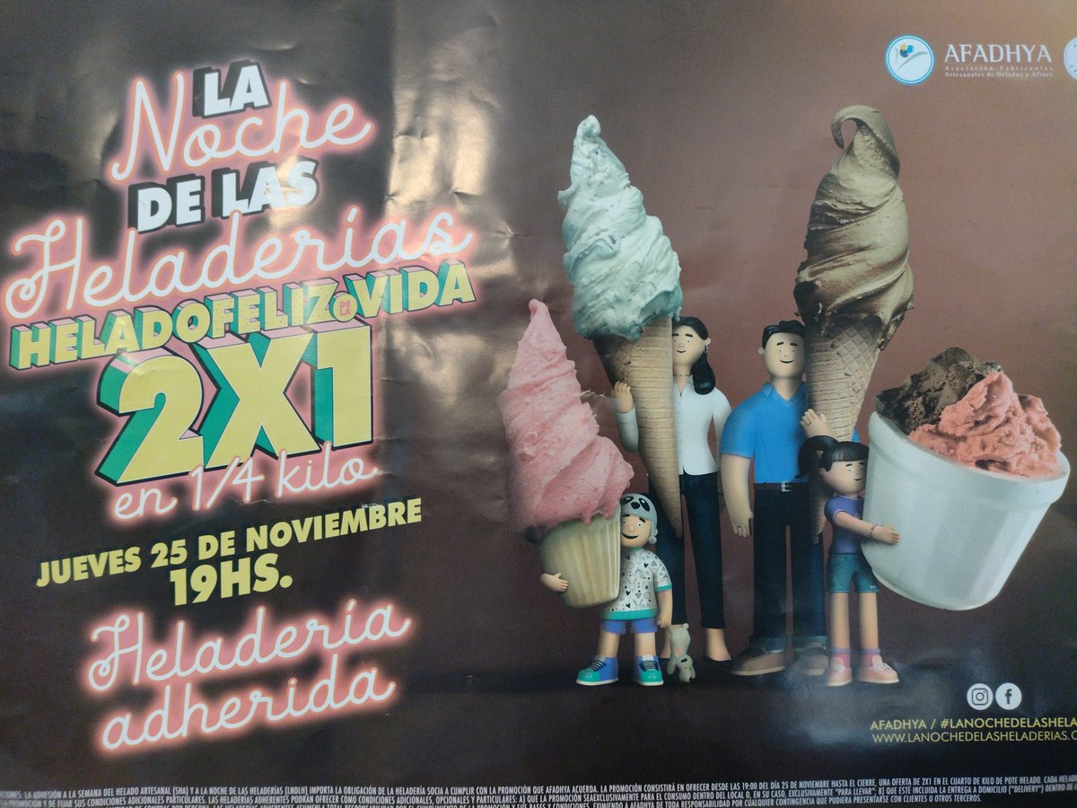 ElCampanense's tweet photo. HOY: LA NOCHE DE LAS HELADERÍAS HASTA LAS 00 HS. En el marco de la  37° Semana del Auténtico Helado Artesanal, desde las 19 hasta la medianoche, las heladerías adheridas ofrecerán de 2×1 en el cuarto de helado.
En Campana confirmamos que adhieren Heladería Real, Koval y Grido. https://t.co/3v85EXfOuk