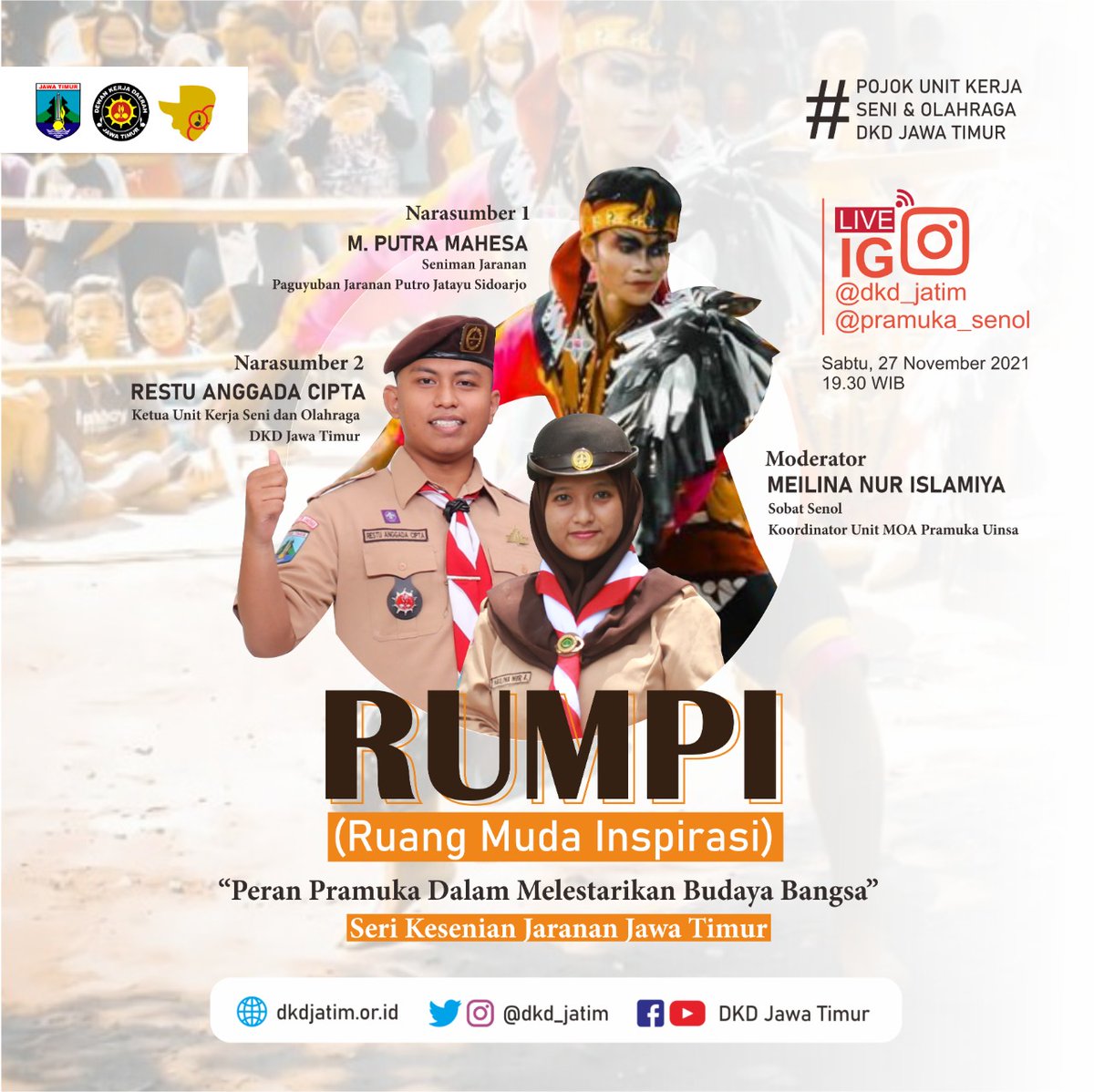 Guys!
Jangan lupa, nanti malem kita bakal ngobrol seru soal pelestarian budaya, khususnya Jaranan nihh.
Kenapa sih kudu Jaranan? Karena Jaranan merupakan salah satu kesenian khas Jatim.

Jadi, jangan lupa ya pantengin Live #RUMPI kita malam ini di Instagram DKD Jatim.