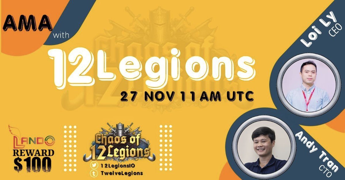 #AMA - #12Legions x @LandoCommunity

🔹 Date &amp; Time: 11:00 AM UTC, Nov 27th
🔹 Venue: t.me/LandoCommunity
🔹 Guest: Mr. Loi Ly (CEO/Founder of 12Legions) and Mr. Andy Tran (CTO/Co-Founder of 12Legions)
🔹 Reward: $100

t.me/TwelveLegionsC…

#CTL #PlaytoEarn #Metaverse