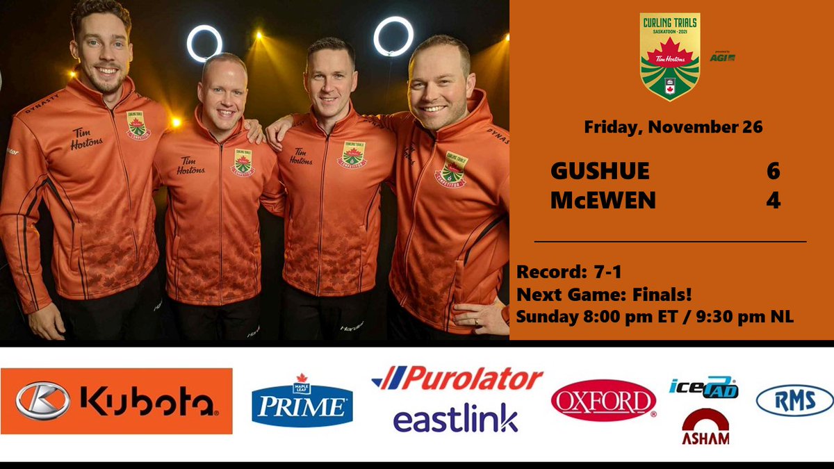 YES! With a win tonight, we have officially secured our spot in the finals! We are one game closer to achieving our ultimate goal! The championship will be televised on Sunday, November 28th at 8:00 pm ET / 9:30 pm NL on <a href="/TSNCurling/">TSN Curling</a>. Keep the positive vibes coming! #Trials2021