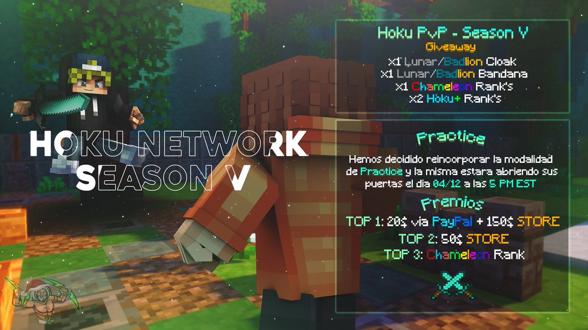 HokuPvP's tweet photo. Hoku PvP - Season V! 👀

Giveaway ⚡️

x1 Lunar/Badlion Cloak
x1 Lunar/Badlion Bandana
x1 Chameleon Rank's
x2 Hoku+ Rank's

How to join:

RT + ❤️ + TAG 3 friends!
Join https://t.co/HYNeUgypx4 to see the results!

Arena PvP + Season V releasing on 04/12 💚 https://t.co/RiibOEenY8