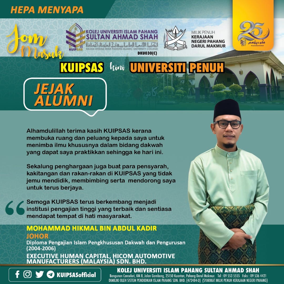 UNIPSASofficial's tweet photo. JEJAK ALUMNI
"KUIPSAS membuka ruang kepada saya untuk menimba ilmu khususnya dalam bidang dakwah yang dapat saya praktikkan sehingga ke hari ini."
MOHAMMAD HIKMAL BIN ABDUL KADIR
Diploma Pengajian Islam Pengkhususan Dakwah dan Pengurusan (2004-2006)
#kuipsas https://t.co/NDDnQLsIoj