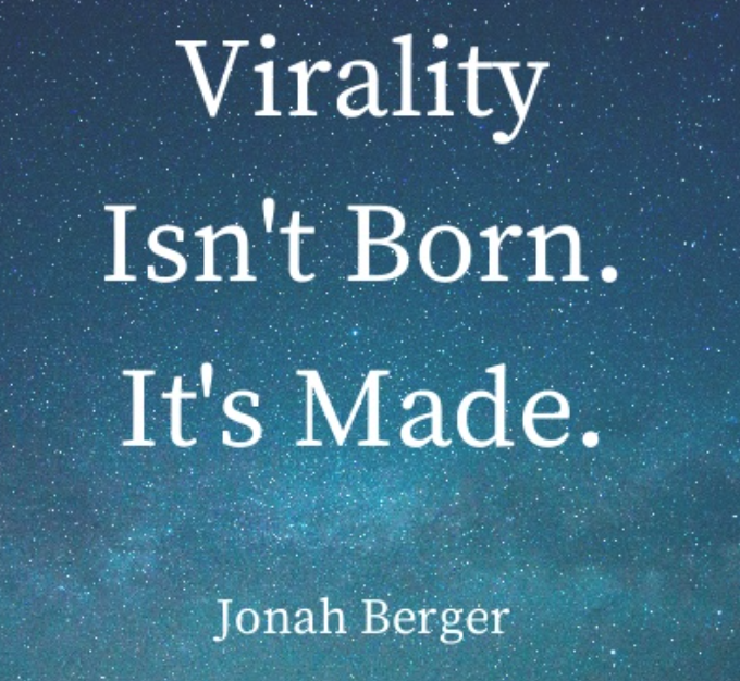 Mariearnd81's tweet photo. "virality isn't born its made" by Jonah Berger. In fact, virality phenomenon is created only by people themselves. 
@lets_NEUROmkt
#NMKTRCH https://t.co/n6RSJ2XB2K