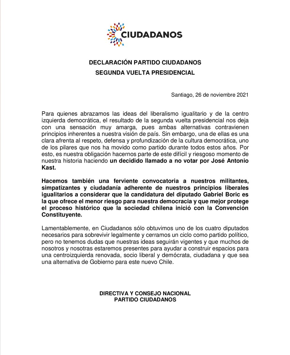 Compartimos declaración del partido Ciudadanos con respecto a la segunda vuelta presidencial y hacemos un ferviente llamado a cuidar la democracia. Como partido hemos cerrado un ciclo pero sabemos que nuestras ideas continuarán.