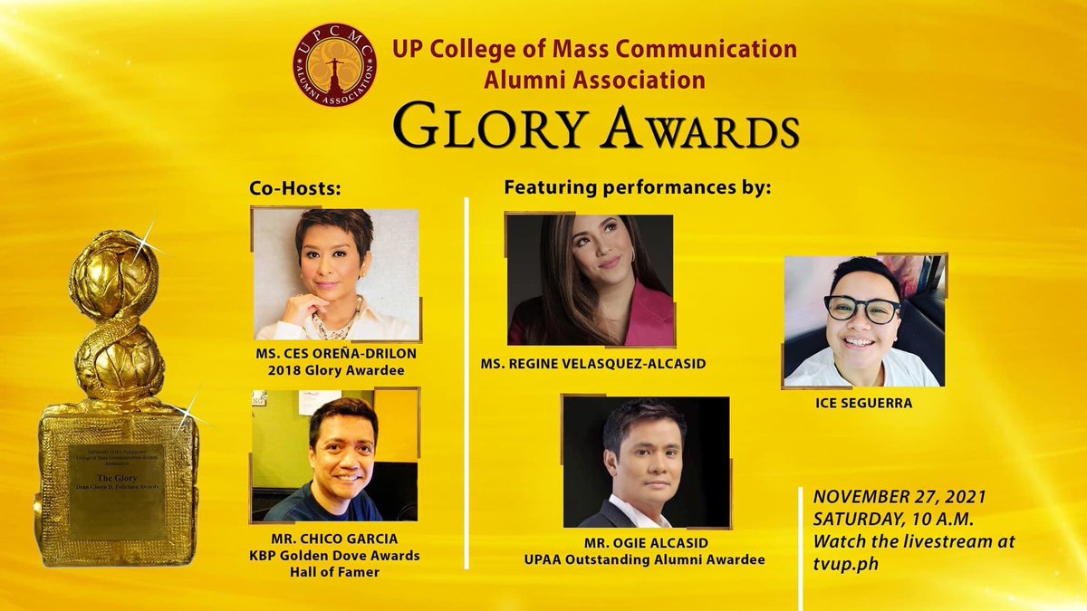 Sama sama po tayong magdiwang ngayong Glorious Sabado sa UP College of Mass Communication Alumni Association 2021 Glory Awards. 

November 27 
10 ng umaga 

LINK: youtube.com/c/TVUPph

#2021GloryAwards
#UPCollegeOfMassCommunocation
#UPCMCAA
#UniversityofthePhilippines
