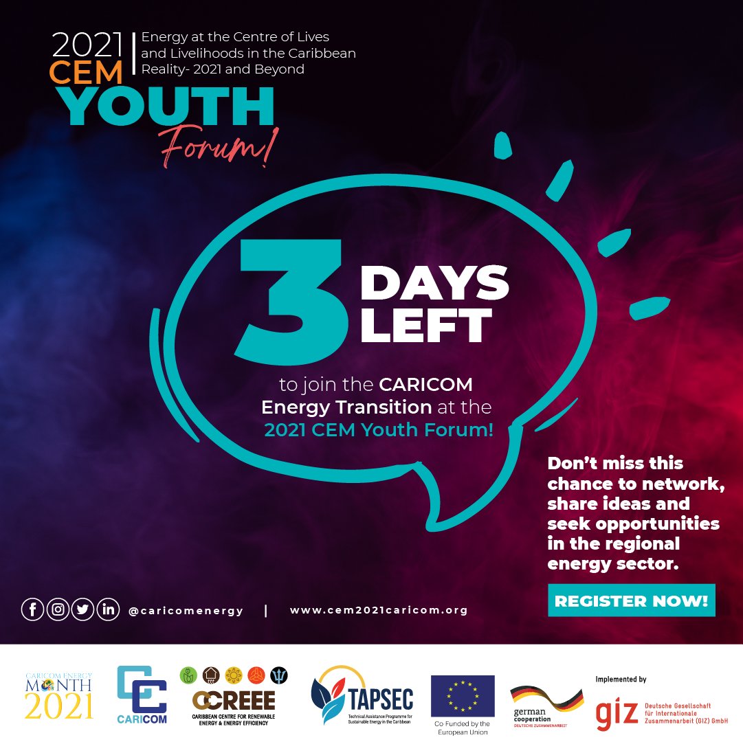ccs_accelerator's tweet photo. Three days until the CARICOM Energy Transition Youth Forum!!!
It's happening Monday November 29, at 9AM. Register Now using the link in their bio @caricomenergy or visit https://t.co/85KeJkqp5J
#CEM2021 #YOUInEnergy #cemYouth https://t.co/SgblUzyuxv