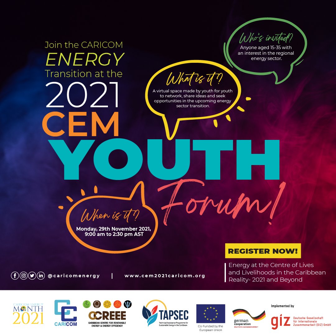 ccs_accelerator's tweet photo. Join us at the CARICOM Energy Transition Youth Forum, Monday November 29, at 9AM. Register Now using the link in their bio @caricomenergy
#CEM2021 #YOUInEnergy #cemYouth https://t.co/cVoP5xk0eP
