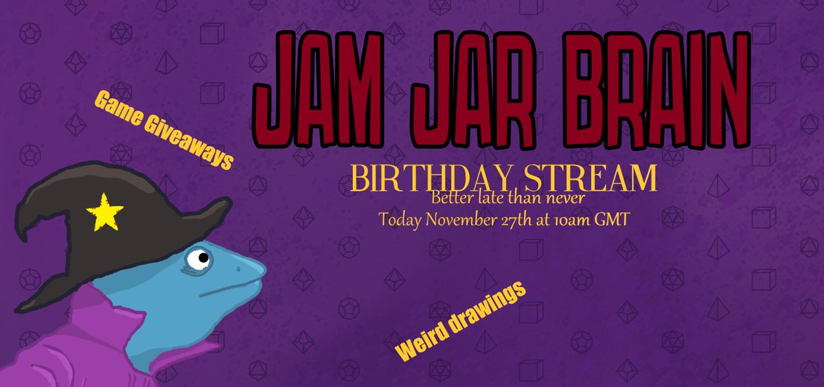 JamJarBrain's tweet photo. Goodness me I am a year older! Come and hassle me from 10am GMT today as I draw self portraits, Squib the wizard lizard and eat some form of cake. https://t.co/u2hDMg2vh8