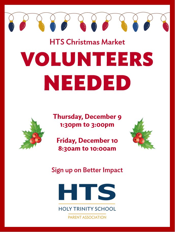 HTSParents's tweet image. We are looking for volunteers to help turn the HTS campus into a Winter Wonderland for the Christmas Market. Sign up on Better Impact bit.ly/htsbetterimpact

Thu Dec 9, 1:30-3:00pm: Popcorn bagging &amp;amp; Christmas tree decoration
Fri Dec 10, 8:30-10:00am: Christmas Market setup