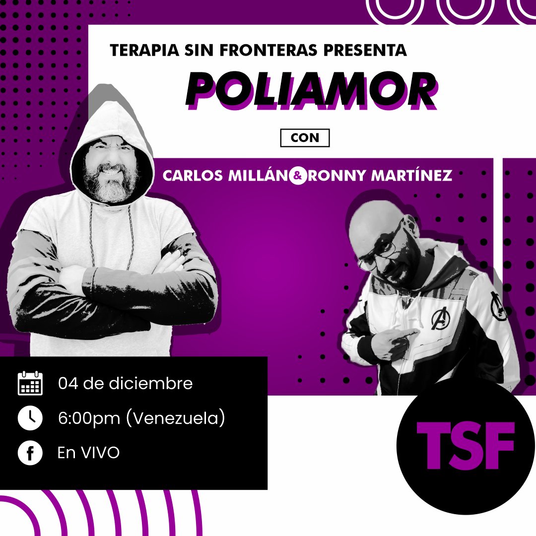 TerapiaReloaded's tweet photo. ¡Sábado a las 6 p.m! (Hora de Vzla)

#TerapiaSinFronteras

El poliamor

CHATEA EN VIVO CON NOSOTROS MIENTRAS TE VACILAS EL EPISODIO. 

¡Estaremos en un Facebook Live!

Con @RonnyMartinez
Y @profesormillan

#buenavibra #terapiareloaded #terapia #facebooklive https://t.co/1N5jilq74A