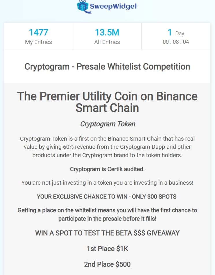 CryptogramTM's tweet image. Cryptogram is killing it. We have 13.5 Million entries with 24 hours left on the countdown on our Sweepswidget.

We hope we don't crash @SweepWidget servers with unusual traffic.

Join our telegram (link in bio) to find out why everyone is excited about Cryptogram #Cryptogram