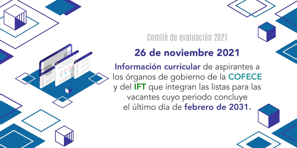 cmtevalua's tweet photo. Conoce la información curricular de las personas aspirantes a los órganos de gobierno de la  .@cofecemx y del .@IFT_MX que integran las listas enviadas al Ejecutivo Federal https://t.co/IA7gsOPMvz https://t.co/69sWxHrAov