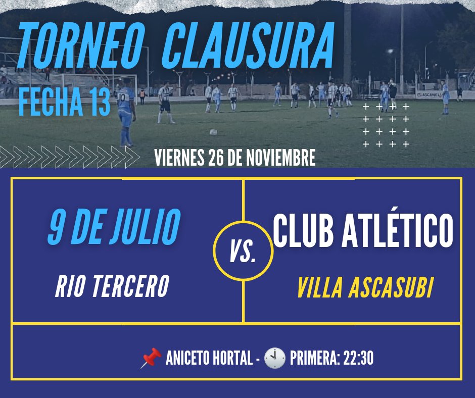 CS9JOficial's tweet photo. ¡Noche de partido! ⚽

🆚 Club Atlético (Villa Ascasubi)
🕙 22:30hs.
📌 Aniceto Hortal

#VamosNueve💙 https://t.co/HQtoQJ6thy