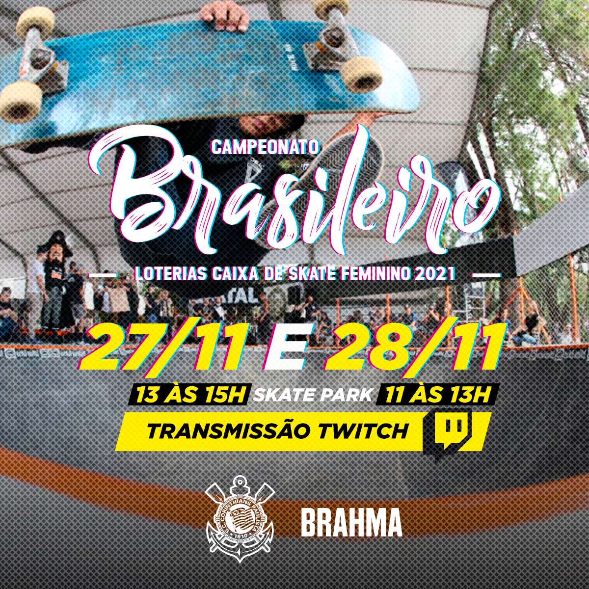 Corinthians's tweet photo. Nesse fim de semana, o Parque São Jorge recebe o Campeonato Brasileiro Feminino de Skate! 🛹

E quem quiser curtir as minas manobrando no Skate Park tem um caminho fácil: transmitiremos o evento em nossa Twitch! https://t.co/GxKBwA4nhC
