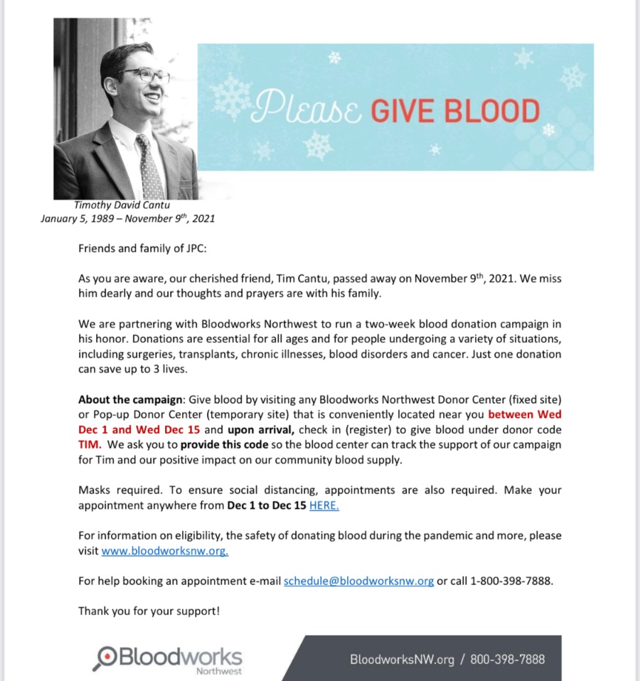 Tim’s firm is running a blood donation campaign in his honor from December 1-15. Tim received many units of blood during his fight, and we have such deep gratitude for everyone who gives this precious resource ❤️. Just use donor code TIM at check in. schedule.bloodworksnw.org/DonorPortal/De…