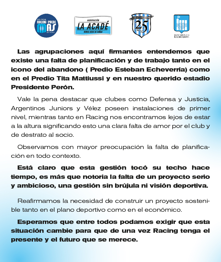 Comunicado a 10 años de desidia y abandono del predio ubicado en Esteban Echeverria

#NuncaDejesDeSoñar

<a href="/a25demarzo/">Agrupación 25 de Marzo</a>  @RCPuedeMas 
<a href="/MarianoCejasRC/">Mariano Cejas</a>  <a href="/f_mangaretto/">Fabian Mangaretto</a> <a href="/martinnferre/">Martín Ferré</a>