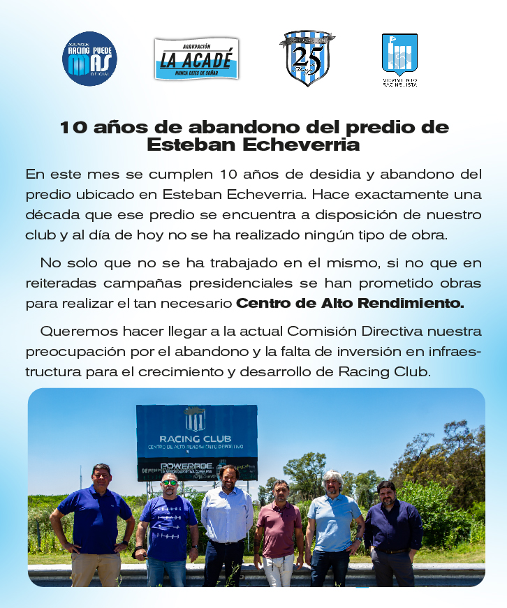 LaAcadeAgrup's tweet photo. Comunicado a 10 años de desidia y abandono del predio ubicado en Esteban Echeverria
#NuncaDejesDeSoñar
@a25demarzo @RCPuedeMas
@MarianoCejasRC @f_mangaretto @martinnferre https://t.co/ZQDBYrgywI