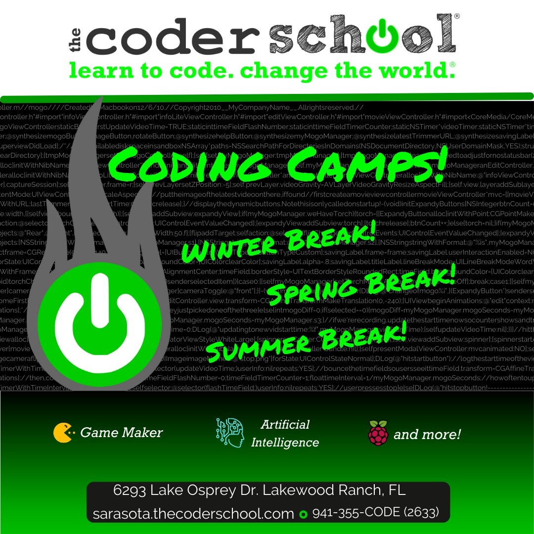 CoderSchoolSRQ's tweet image. Save $75 on a Winter or Spring Break #CodeCamp at theCoderSchool of Sarasota! Use Code: BLACKFRIDAY21 at check out! Sign up via our website!
#coding #summercamp #programming #scratchcoding
#gamedevelopment #pythoncode #sarasota #bradenton #blackfriday #computerscience #developer