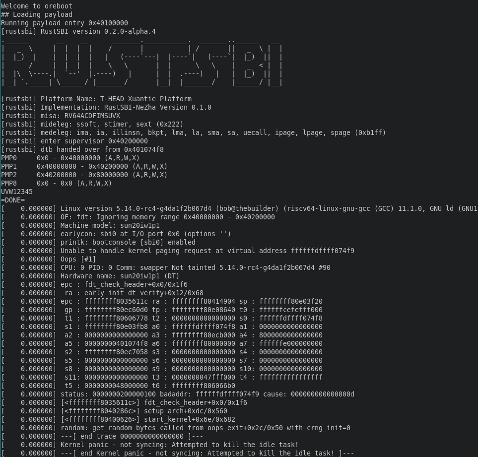 OrangeCMS's tweet photo. Ha, here we goooooo! :-)
This is #oreboot -> #RustSBI -> #Linux
on the #Nezha #RISCV board \o/
(panicking but so yea... we're getting there) https://t.co/wgpPI51CLN