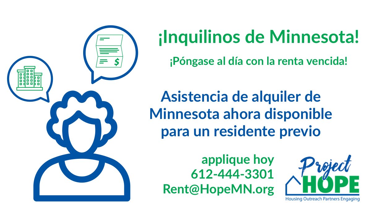ProjectHOPE_mn's tweet image. ¡Llame hoy a Project HOPE al 612-444-3301 para comenzar su solicitud de asistencia de renta! #mn #minnesota #renta #asistenciaderenta #renthelpmn #projectHOPEmn #alojamiento