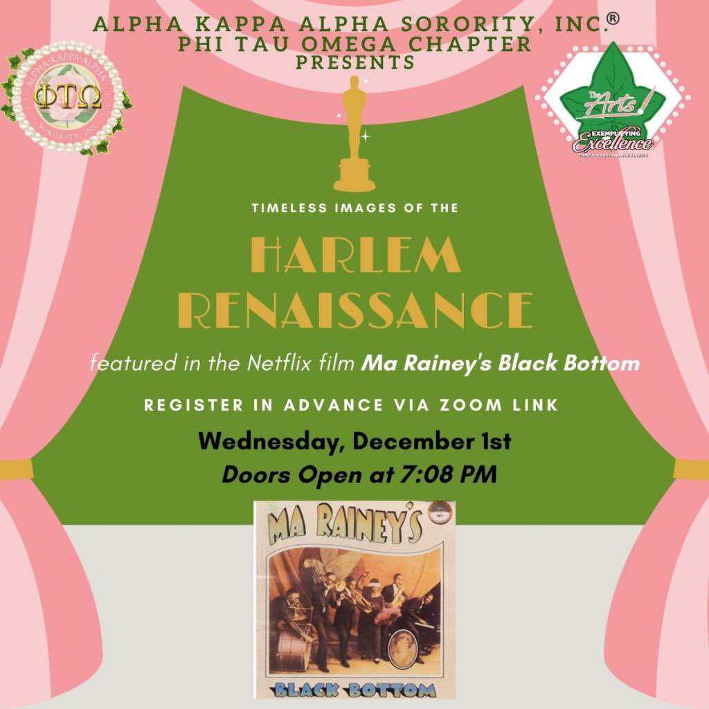 AKAPhiTauOmega's tweet photo. Join Alpha Kappa Alpha Sorority Incorporated®️ Phi Tau Omega Chapter as we discuss the Harlem Renaissance themed imagery in the Netflix film "Ma Raineys Black Bottom" by August Wilson. @7:08pm on 12/01/21
https://t.co/dHP9DXPgxl
#AKA1908 #TargetIV #HarlemRenaissance #TheArts https://t.co/QLe5179e9W