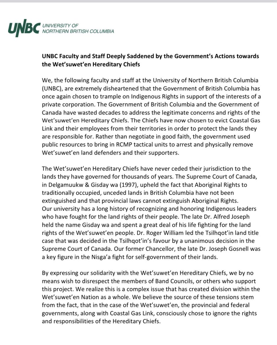 cnolin's tweet photo. #UNBC Faculty &amp; Staff Statement of #WetsuwetenSolidarity: We, the following faculty and staff at UNBC, are extremely disheartened that the Government of BC has once again chosen to trample on Indigenous Rights in support of the interests of a private corporation … https://t.co/QozdjPWxpe