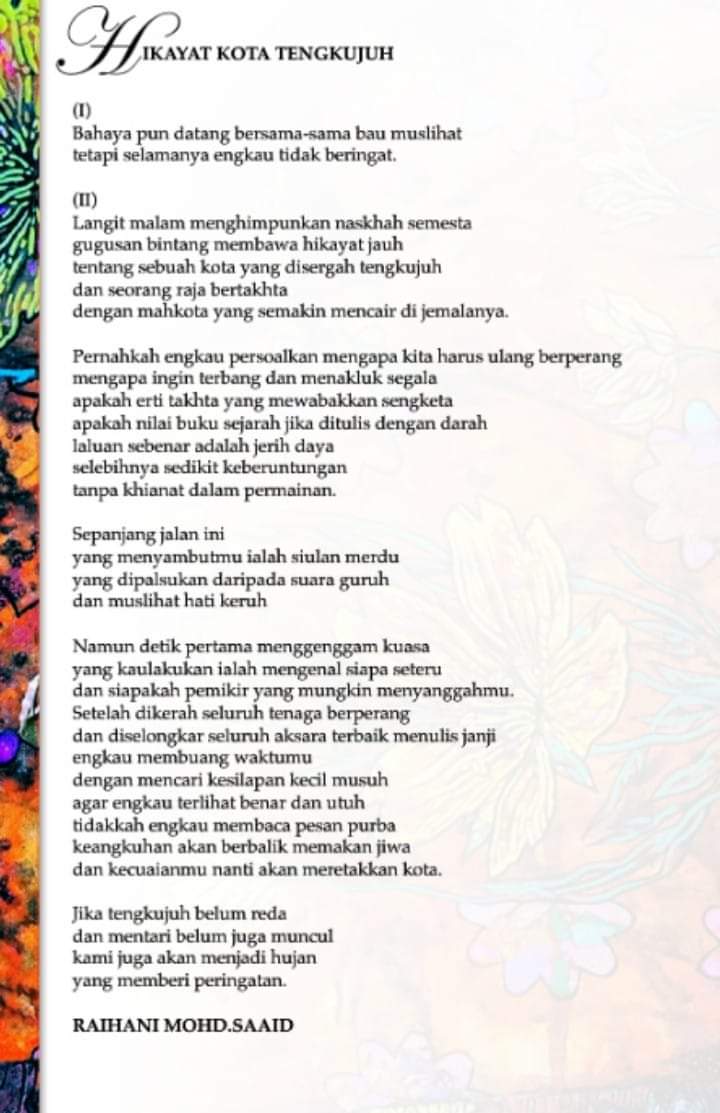 RaihaniTSN's tweet photo. Genap setahun usia siaran puisi ini. Isinya "Kenapa cari salah orang dan buang orang bila dah pegang kuasa." Sekian.
#dewansastera #puisi https://t.co/FFqpG8AUAh