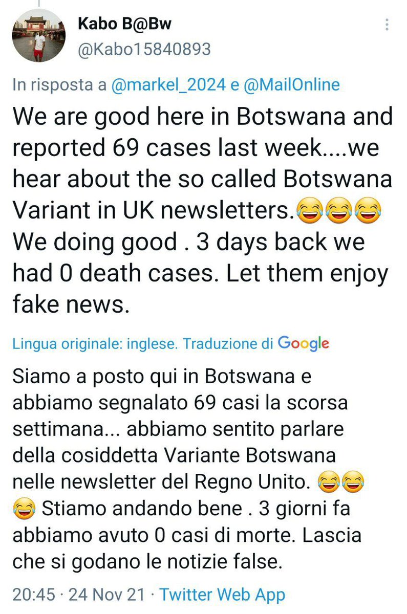 Certo che il Botswana è lontano e chi si prende la briga di verificare le news?  Per fortuna la rete risponde e si scopre in tutto il Botswana ci sono stati 69 casi Covid e 0 decessi. Forse hanno le cure giuste ? Ci mandiamo qualche virostar o #Speranza così finisce il terrore ?