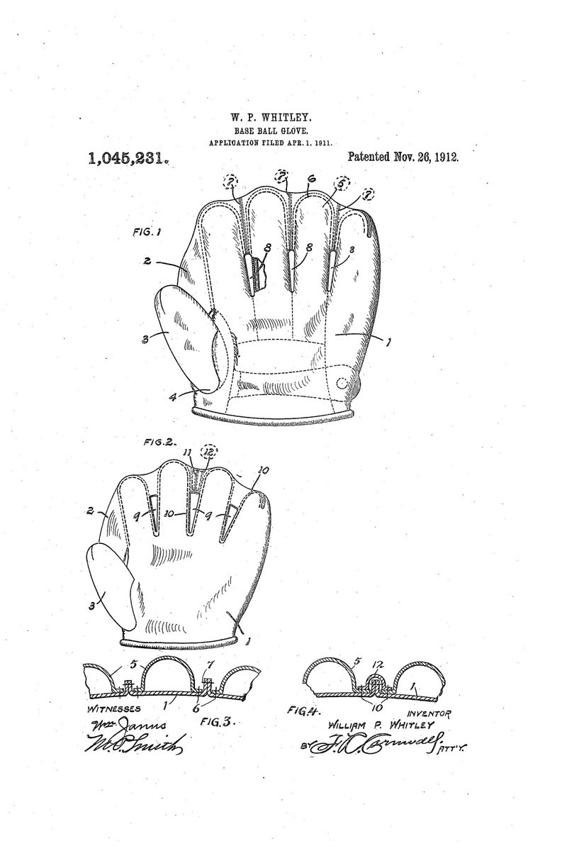 On this date in #innovation history: William Whitley receives a #patent in 1912 for his #invention of a new baseball glove that improves upon the baseball gloves that first began to be used by players in the 1870s #PatentsMatter <a href="/uspto/">USPTO</a> <a href="/MLB/">MLB</a> <a href="/wilsonballglove/">Wilson Baseball & Softball</a> <a href="/RawlingsGear/">Rawlings Gear</a>