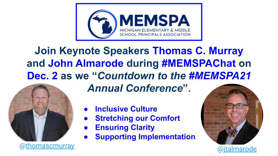 Join <a href="/thomascmurray/">Thomas C. Murray</a> &amp; <a href="/jtalmarode/">John Almarode</a> as we Countdown to #MEMSPA21 
Thurs Dec 2 8pm EST during #MEMSPAchat 
#edugladiators
<a href="/DrJillBrown1/">Dr. Jill Brown</a> <a href="/Rdene915/">Dr. RACHELLE DENÉ POTH |ThriveinEDU #AI #AIinEDU</a> <a href="/PaulONeill1972/">Paul O'Neill</a> <a href="/D4Griffin3/">Dennis Griffin Jr</a> <a href="/Maverikedu12/">Erik M. Francis</a> <a href="/mccoyderek/">Derek McCoy</a> <a href="/SeanAThom/">Sean A. Thom</a> @DrJohnTharp @mgrosstaylor <a href="/LaneWalker2/">Lane Walker</a> <a href="/KimAman_abe/">Kim Aman</a> <a href="/ChrisGabriel02/">CHRIS GABRIEL</a>