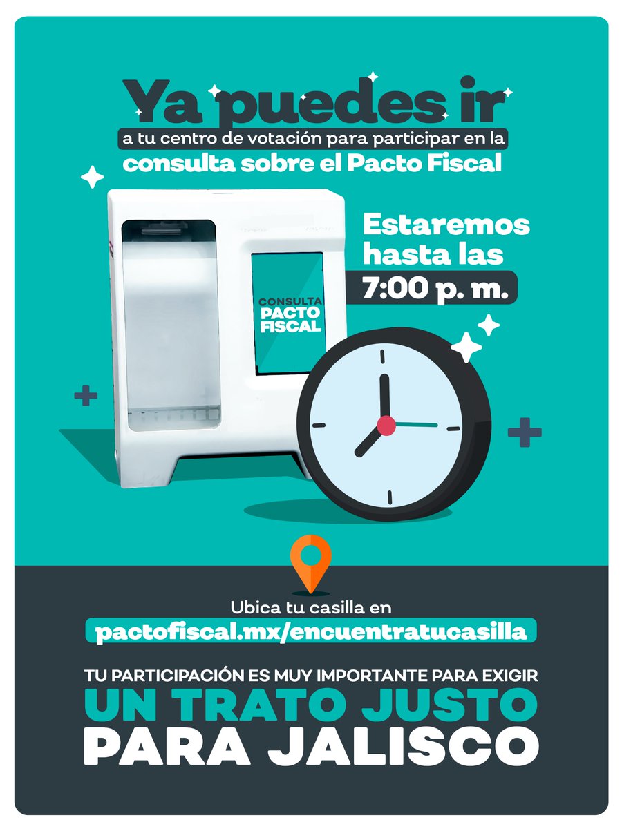 Ya abrieron las casillas de la consulta ciudadana sobre el #PactoFiscal. Salgamos a emitir nuestra opinión y seamos parte de este ejercicio histórico y democrático. 

Ingresa a este sitio pactofiscal.mx/encuentratucas… y ten bien ubicado dónde puedes votar.