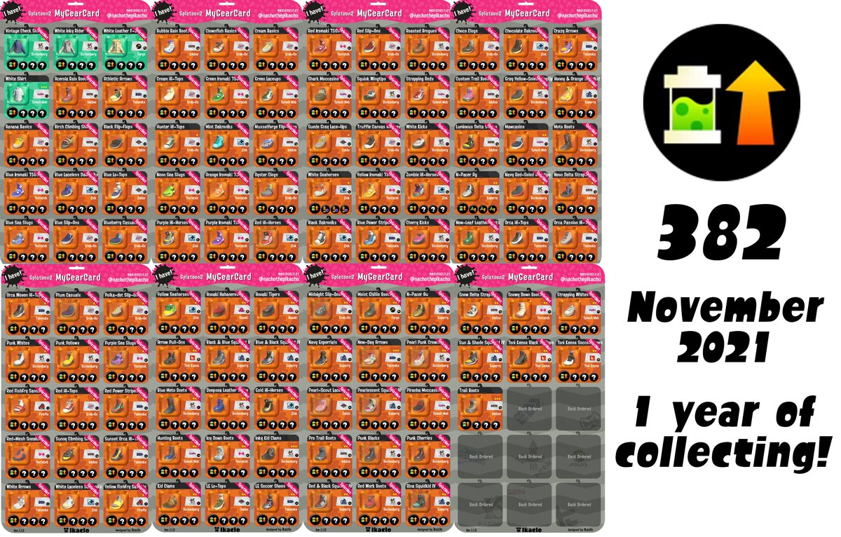 NachoThePikachu's tweet photo. Updated IRU / Ink Recovery Catalog! As of November 2021.
I have been collecting for 1 year now! 😄
If you are interested, contact me to order!
#Splatoon2 #GearTrade #GearDistribution #Ikaclo
#ギア交換 #ギア配布 #スプラトゥーン2 #イカクロ https://t.co/0PV2cAyrz7