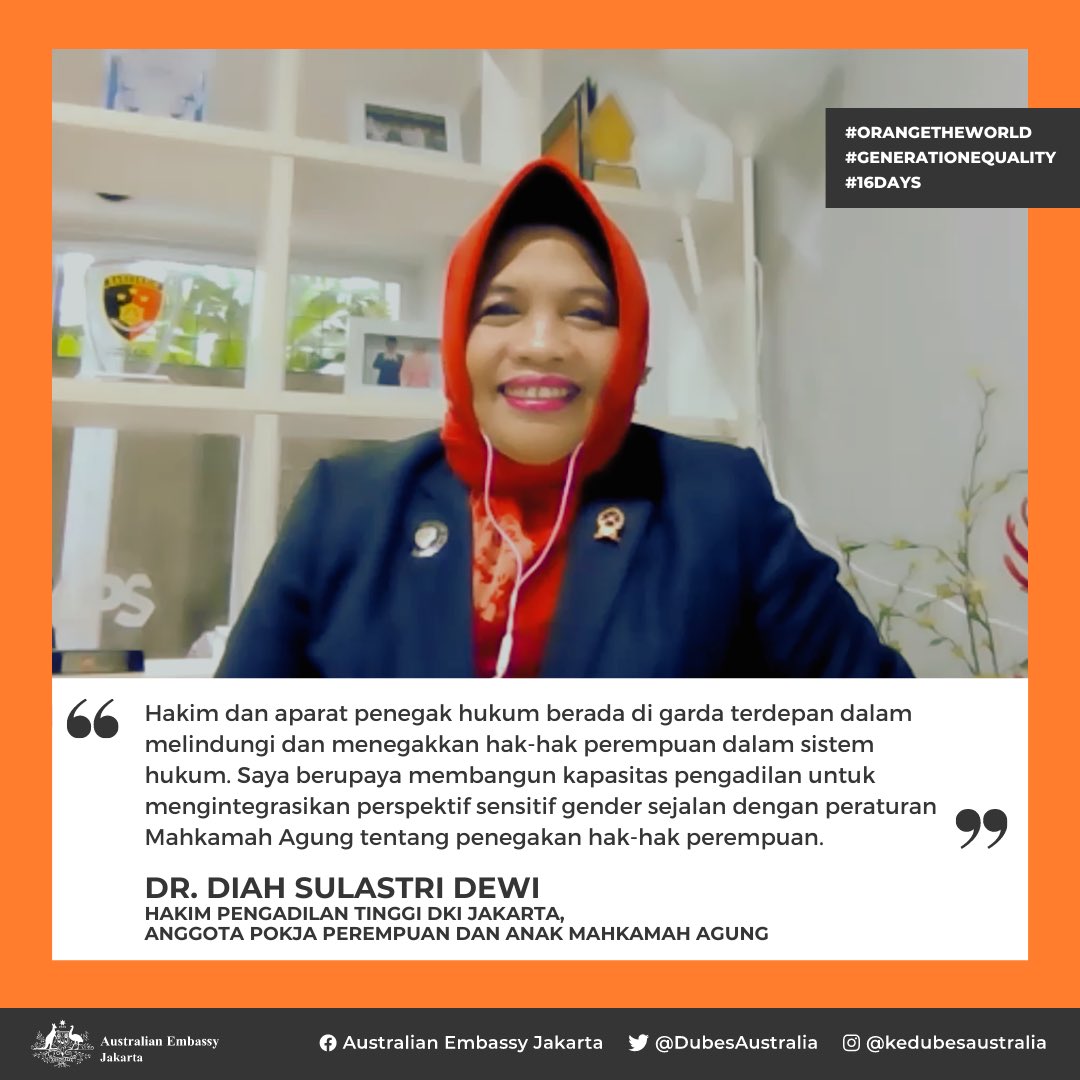 DubesAustralia's tweet photo. Pada hari ke-3 kampanye #16Hari @UN_women, kami menghargai karya perempuan seperti Dr Diah Sulastri Dewi yang, dengan dukungan dari program Kemitraan 🇦🇺-🇮🇩 untuk Keadilan, membantu memperkuat sistem hukum bagi perempuan &amp; anak-anak. 

#GenerationEquality https://t.co/wRZrsWfMwt