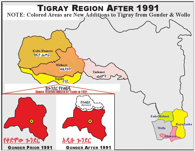charla120's tweet photo. @GraceHoneypot @meazaG_ TPLF annexed fertile lands from the neighboring regions of Wollo and Gondar (Amhara region now). The original regional borders must  be reinstalled as before 1991. 👇 https://t.co/OHr3C8DFox